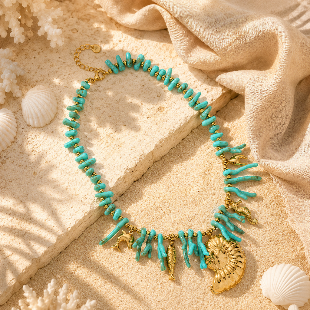 Aqua Charm Necklace Gold met turquoise kralen en gouden oceaanbedels