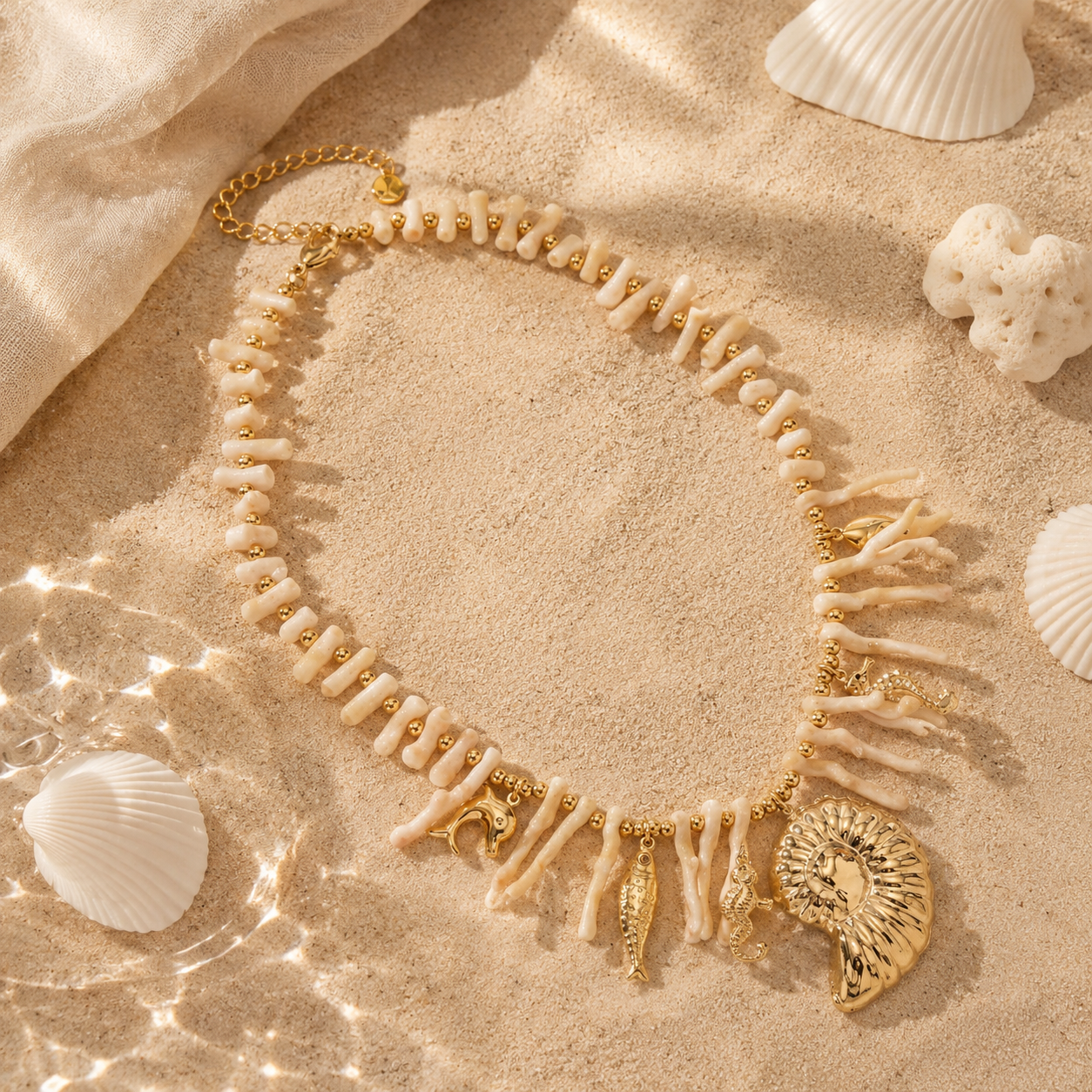 Coral Charm Necklace Gold met koraalkleurige details en gouden oceaanbedels