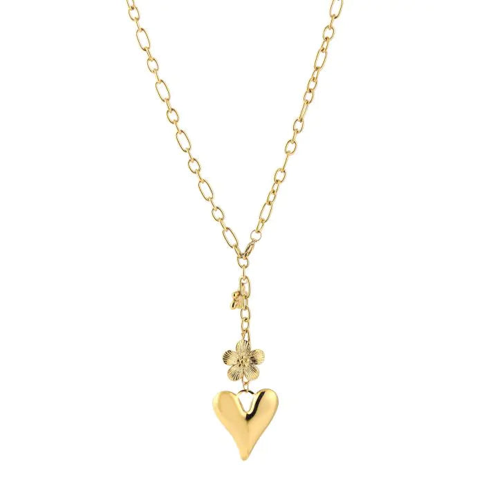 Floral Heart Necklace – stainless steel ketting met hart en bloem charm