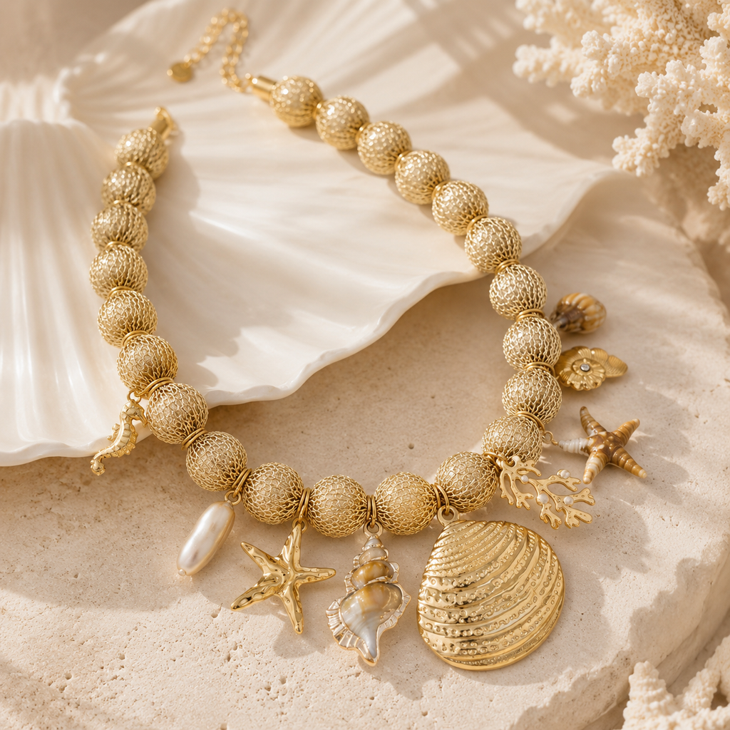 Gouden ketting met schelp, zeester, zeepaardje, koraal en parelachtige details