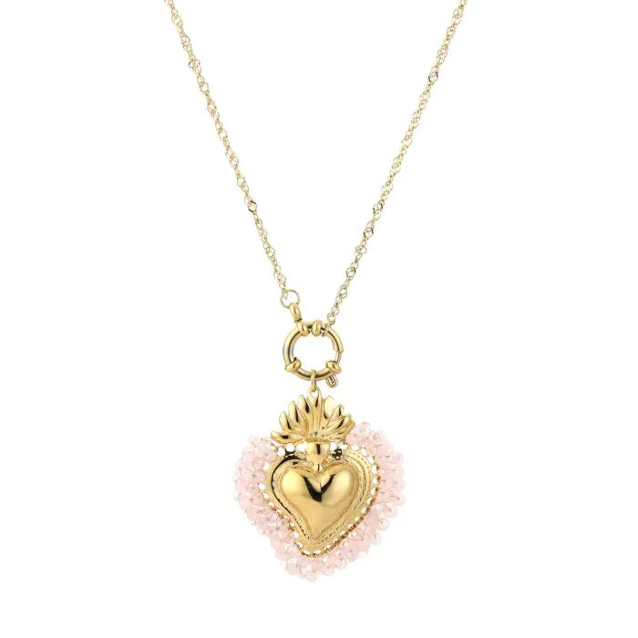 Heart Charm Necklace in beige met gouden hart-hanger en kralen – Naomé Boutique