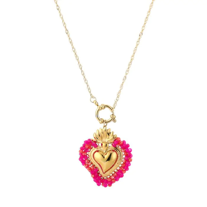 Heart Charm Necklace in fuchsia met gouden hart-hanger en kralen – Naomé Boutique
