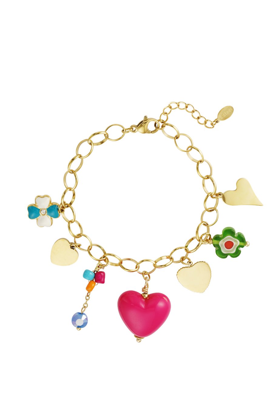 Heart Charms Bracelet – goudkleurige armband met harten en bloemenbedels