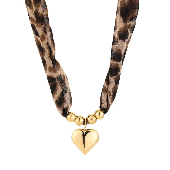 Leopard Heart Necklace – stainless steel ketting met leopard patroon en gouden hart charm