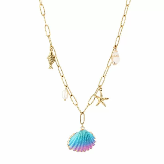 Ocean Charm Necklace – goudkleurige ketting met schelp, visje, zeester en parel