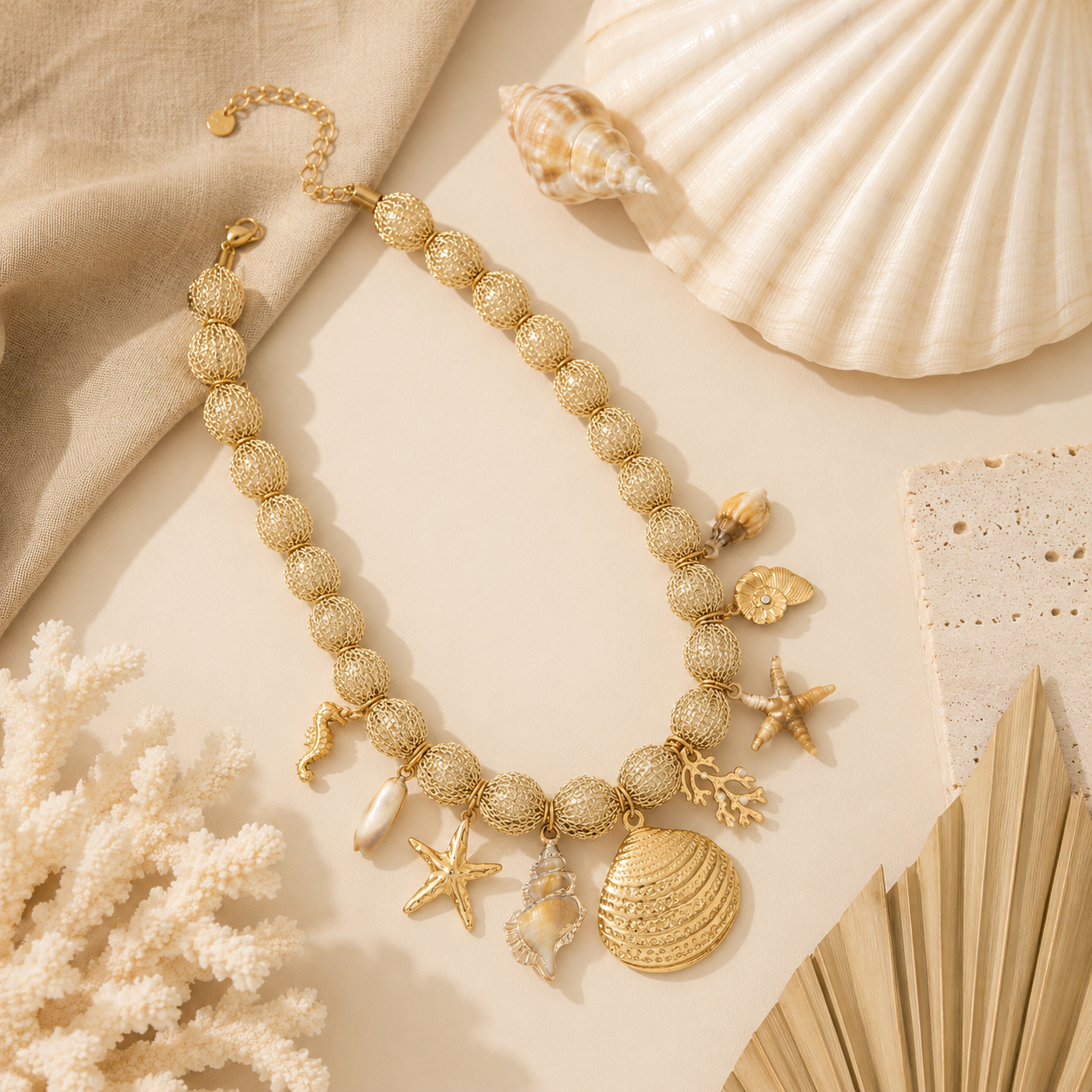 Ocean Luxe Necklace Gold met goudkleurige structuurkralen en oceaanbedels