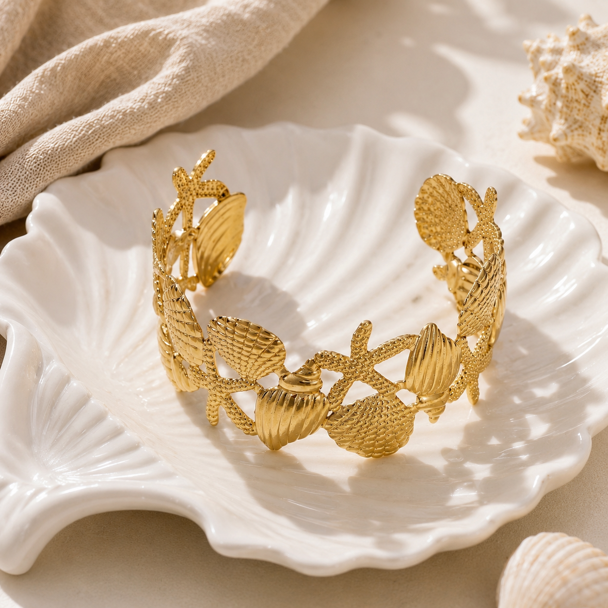 Sea Treasure Bangle Gold op zand met schelpen in luxe zomerse setting