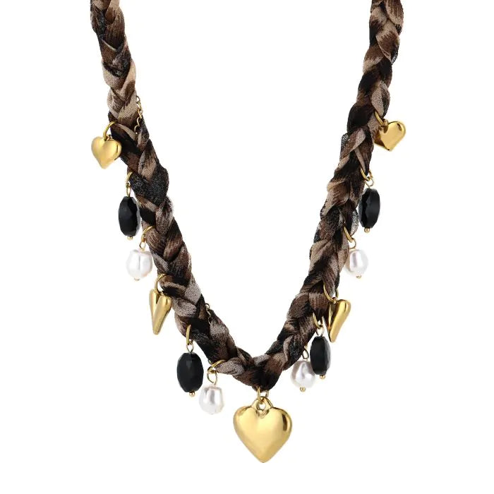 Statement necklace met gouden hart, zwarte kralen en parels – Naomé Boutique