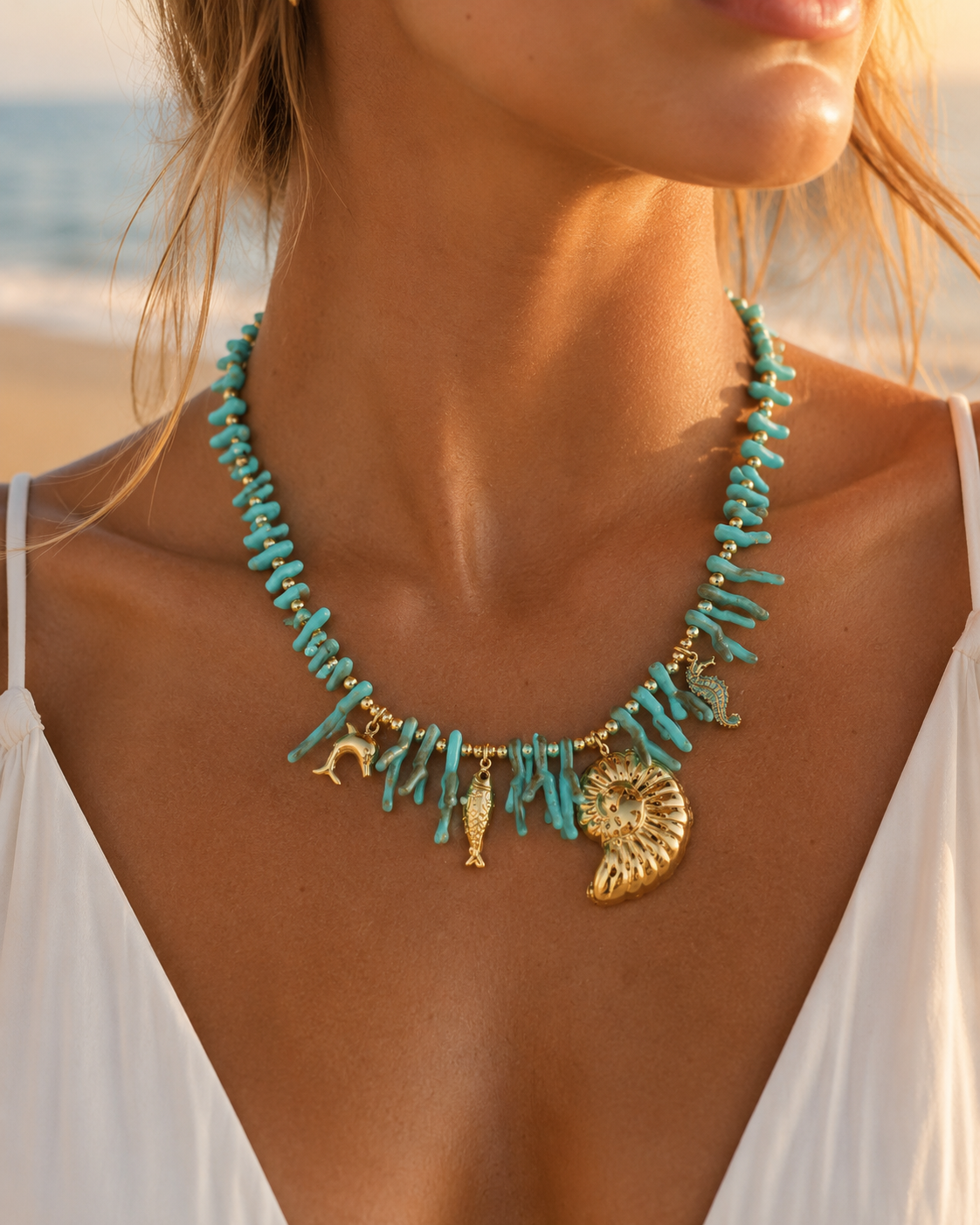 Turquoise ketting met goudkleurige bedels en stainless steel details